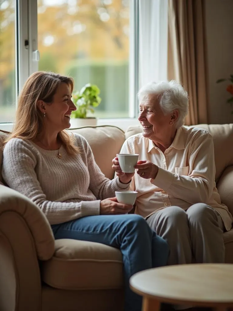 Live-in carer enjoying a cup of tea with an elderly client in their home