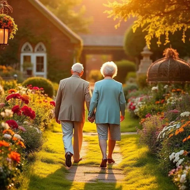Live-in carer walking with elderly lady in her garden
