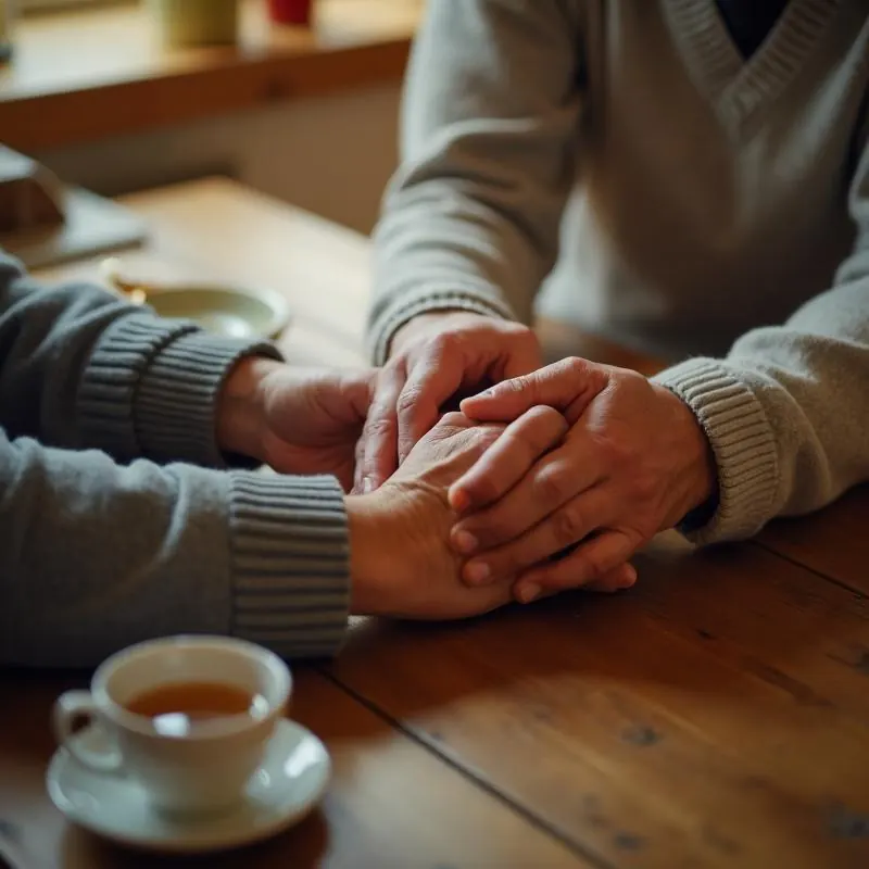 Caring hands holding an elderly person's hands over a cup of tea