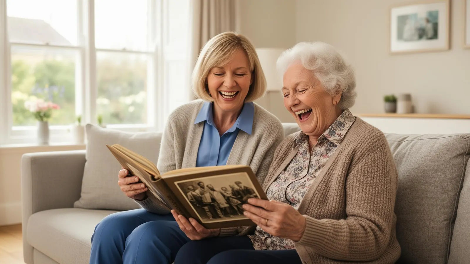Carer and elderly woman laughing together while looking at photo albums