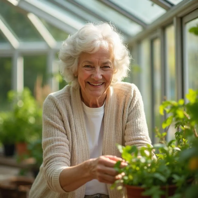 Happy elderly woman tending to plants in her conservatory